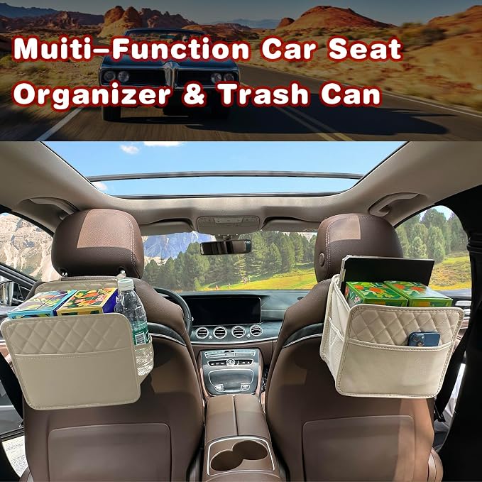 Witaxima Upgrade Car Seat Organizer Backseat with Storage Pockets, Multipurpose Car Organizer Hanging, Car Trash Bag Can,Premium PU Leather Garbage Can 2.14 Gallon Large Capacity Accessories Beige