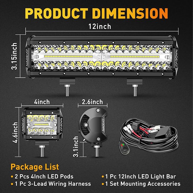 NAOEVO 12Inch LED Light Bar and 2PCS 4Inch LED Pod Lights, 420W 42000LM LED Fog/Driving/Off Road Lights Bar, Spot Flood Combo LED Light Bar with Wiring Harness Kit-3 Lead for Truck ATV Boat