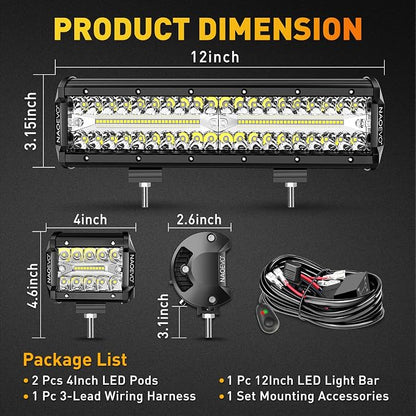 NAOEVO 12Inch LED Light Bar and 2PCS 4Inch LED Pod Lights, 420W 42000LM LED Fog/Driving/Off Road Lights Bar, Spot Flood Combo LED Light Bar with Wiring Harness Kit-3 Lead for Truck ATV Boat