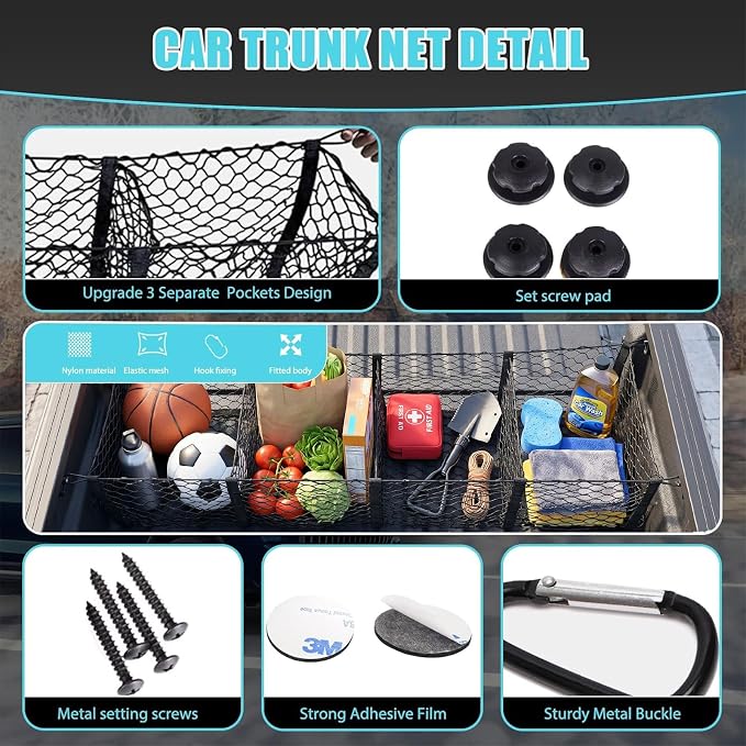 Cargo Net for Car, Expandable 4 Pocket Heavy-Duty Cargo Net Organizer, Black Mesh Storage Pocket with 4 Metal Carabiners Universal for Car, SUV, Pickup Truck, Van Trunk Bed- 51.2” x 11.8”