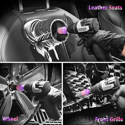 3Pcs Car Detailing Drill Brush Set with Drill Brush Attachment Head, 1P Ultra Soft No Scratch Car Drill Brush for Air Vent Leather Seat, 1P Boars Hair & 1P Detailing Brushes for Interior Exterior,Pink