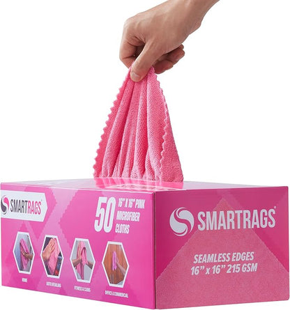 Arkwright Smart Rags Microfiber Cleaning Cloths, Pack of 50 in a Box, Lint Free 215 GSM Reusable Towels for Auto, Office and Household Cleaning, 16 x 16 in, Pink
