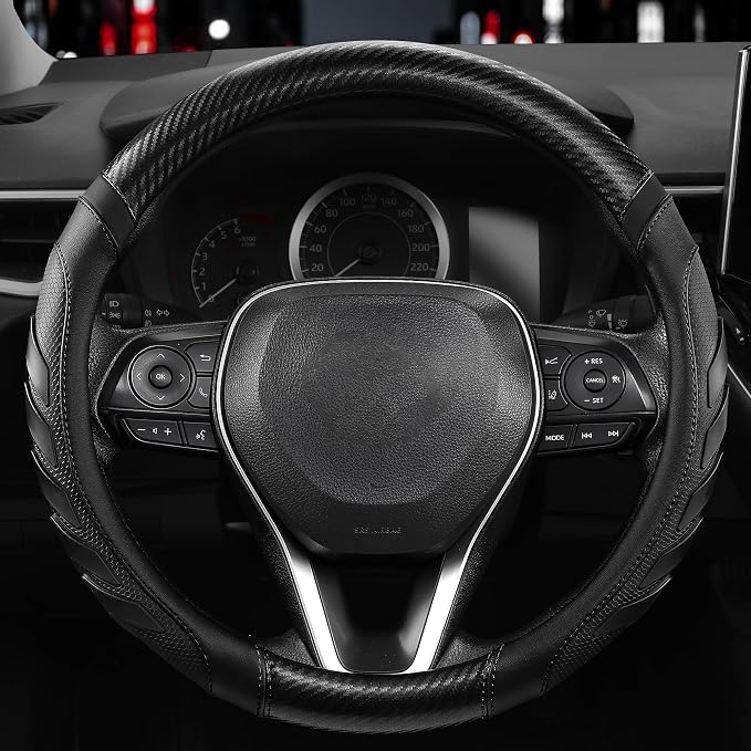 West Llama Carbon Fiber Leather Steering Wheel Cover with Anti-Slip Grip, 3D Textured Design, 14.5-15 Inch Car Steering Wheel Cover, Durable Interior Accessory（Standard Size-Black