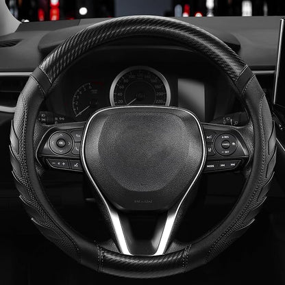 West Llama Carbon Fiber Leather Steering Wheel Cover with Anti-Slip Grip, 3D Textured Design, 14.5-15 Inch Car Steering Wheel Cover, Durable Interior Accessory（Standard Size-Black