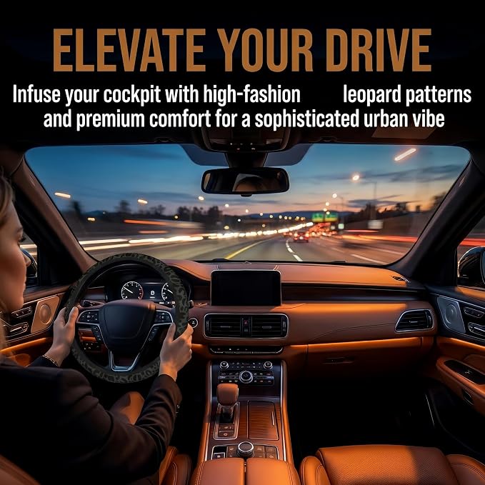Black Leopard Print Steering Wheel Cover14-15In + 2 Pieces Car Coasters | Anti-Slip Breathable Cheetah Animal Print Car Wheel Cover Accessories for Women,Universal