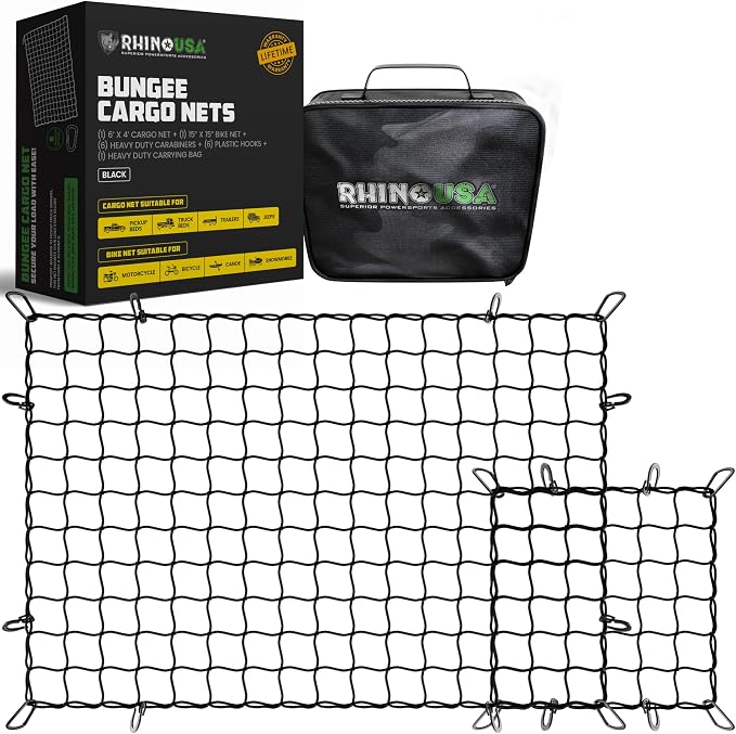 Rhino USA Bungee Cargo Net Set - Ultimate Cargo Accessory Includes Carry Case, Carabiners, 4' x 6’ Net, 15" x 15" Mini-Net. For pickup truck bed, SUV, Motorcycle Rack, ATV, Small Trailer Cargo - Black