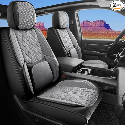 Custom Fit Chevy Silverado GMC Sierra 1500 2007-2026 2500/3500 HD Crew Cab Faux Leather Front Seat Covers - 2 Pack, Waterproof & Breathable Car Seat Protector for Truck,BlackGrey