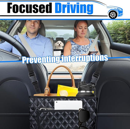 BFXM Car Purse Holder Between Seats, Leather Auto Front Seat Handbag Organizer Pocket, Large Capacity Car Net Pocket Handbag Holder, Backseat Barrier Storage Bag Fits for Car, Truck, SUV