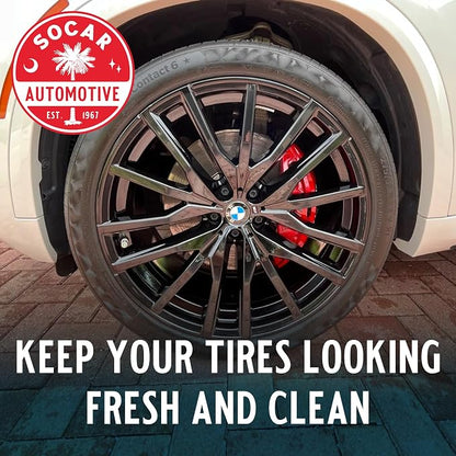 SOCAR Blue Suede Tire Shine Spray & Protectant. New-Tire Smooth Shine. for Rubber, Vinyl, Plastic, Leather, 16 fl oz. UV Protection, No Sling, for Cars, Motorcycles, RVs.