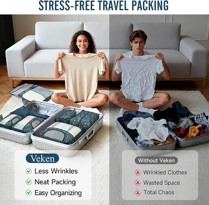 Veken 10 Set Packing Cubes for Travel Essentials,Anti-Wrinkle Buckled Suitcase Organizer for Shoe & Toiletry Bag,Carry On Luggage Bag with 99+ Count Mesh Holes for Airplane & College Dorm Accessories