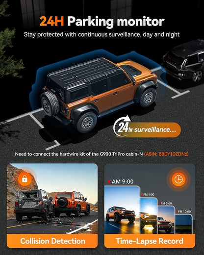 WOLFBOX G900 Tripro Cabin-N 3 Channel 4K Mirror Dash Cam, 4K+1080P+2.5K Front Inside Rear View Mirror Camera, 8MP STARVIS 2 IMX678 Night Vision, 12" Smart Screen, 5.8G WiFi (SD Card Not Included)