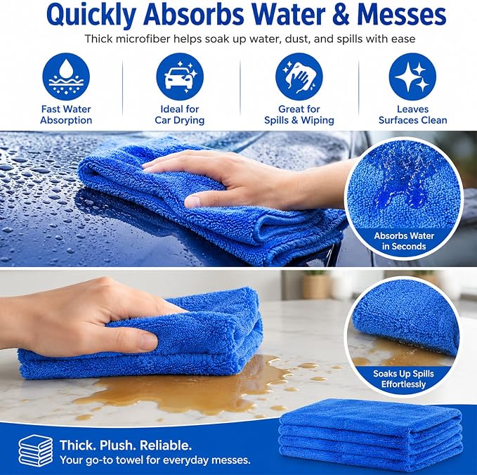 Shimeyao 30 Pcs 12.5 × 12.5 Inch Microfiber Towels for Cars, 500 Gsm Edgeless Plush Car Detailing Towel, Lint Free Scratch Free Cleaning Cloths for Drying, Washing, Polishing, Waxing, Home (Dark Blue)