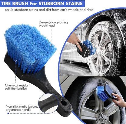 62'' Car Wash Brush with Long Handle, Scratch-Free Car Wash Mop Kit with Wheel Tire Brush, Wash Mitt Towel, Windshield Squeegee, Car Cleaning Brush Kit for Cars RV Truck Boat
