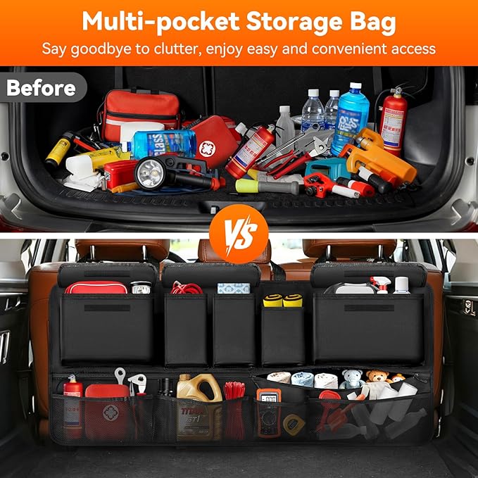Trunk Organizer for SUV, 35.5" x 18.2" Large Capacity Car Organizers and Storage, Backseat Hanging Storage Bag with 10 Pockets, Adjustable & Waterproof Car Interior Accessories for SUV Truck MPV
