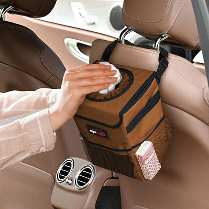 EPAuto Waterproof Car Trash Can with Lid and Storage Pockets, 2.5 Gallon Leakproof, Brown