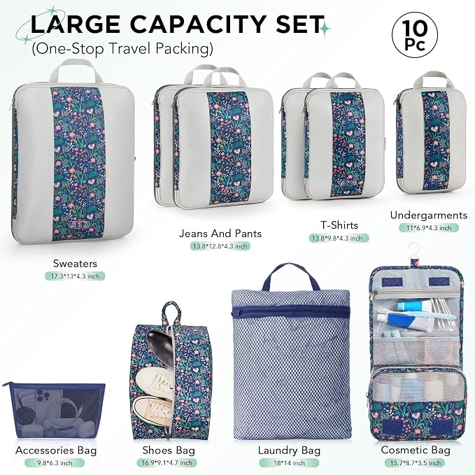 OlarHike 10-Pack Compression Packing Cubes for Travel Essentials,Compressible Expandable Storage Bags for Suitcase,Luggage Garment Bags for Travel,Handy Helper for Organizing Clothes(Dark Blue Floral)