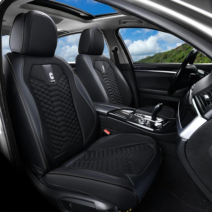 Coverado Car Seat Covers Full Set, 5 Seats Universal Seat Covers for Cars, Breathable Fabric& Faux Leather Auto Seat Cushions, Front and Rear Seat Protectors Fit for Most Sedans SUV Truck, Black
