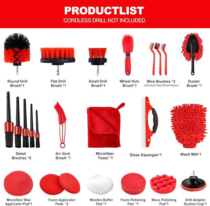 25Pcs Car Detailing Kit with Drill Brushes, Car Cleaning Kit for Interior Exterior, Wheel & Tire Brushes, Polishing Pads for Waxing, Auto Detailing Tools – Gift for Men Dad (25PCS)