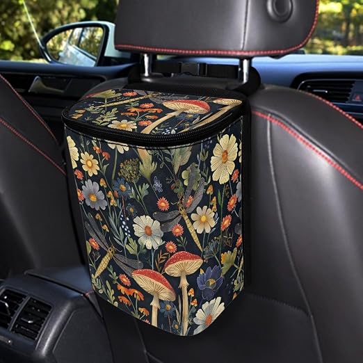 Talayituse Mushroom Dragonfly Daisy Print Car Trash Can with Lid, Leak Proof Auto Trash Bag Hanging Vehicle Garbage Can Multipurpose Storage Container for Back Seat Road Trip