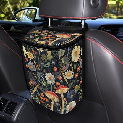 Talayituse Mushroom Dragonfly Daisy Print Car Trash Can with Lid, Leak Proof Auto Trash Bag Hanging Vehicle Garbage Can Multipurpose Storage Container for Back Seat Road Trip