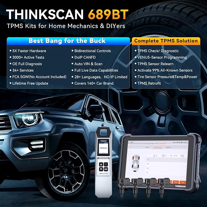 THINKSCAN 689BT TPMS Combos, Professional OBD2 Scanner Diagnostic Tool with TPMS, Activate/Read/Learn Sensor Tool with VENU iPro, Programming Sensors(Pack in 315/433MHz VENU5) Only
