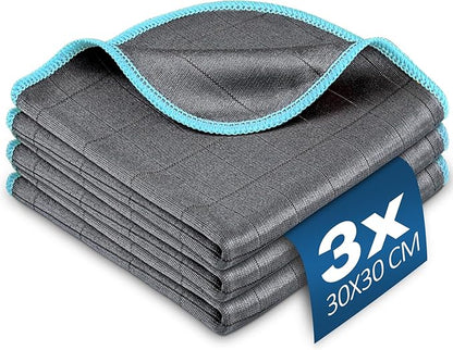 Airlab Carbon Microfiber Towels for Car Glass Window Polishing Cleaning Cloth Auto Detailing Lint Free Streak Free Drying Car Wash Large Towel, Pack of 3, 12" x 12", Grey-Blue