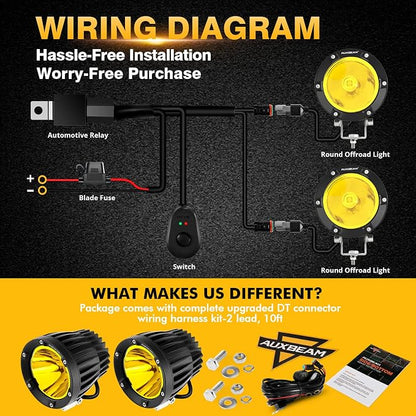 Auxbeam C4 Series Round LED Pods 4-Inch 72W Amber Fog Lights 2-Pack | Yellow auxiliary light bar, Pencil beam spot lights, A-pillar bumper driving spotlight, for ATV truck car Jeep motorcycle
