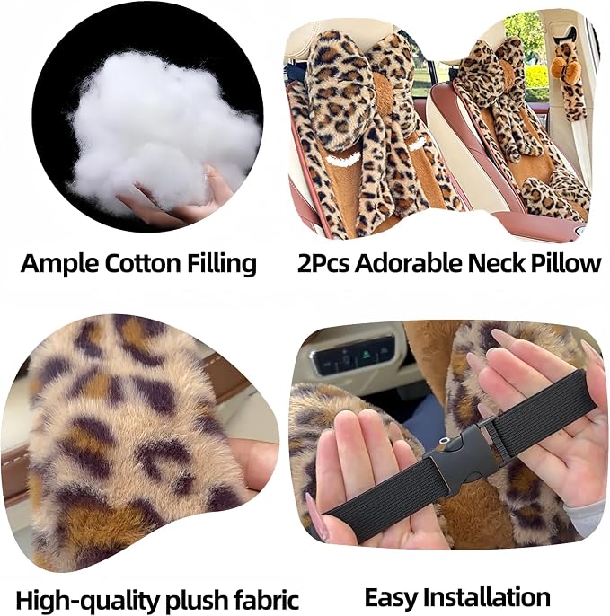 Car Neck Pillow 2PCS Plush Bowknot Car Headrest Pillow – Comfortable Neck Support for Driving Soft Touch Fabric Car Pillow Cute Interior Decor (Blue Leopard)