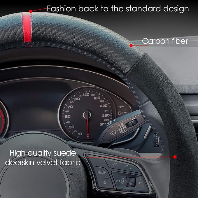 Carodi Suede Carbon Fiber Steering Wheel Cover，Non-Slip Leather Car Interior Fitting 15-inch Universal（D-Shape,Black Suede with Carbon Fiber）