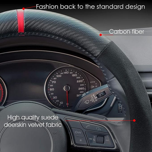Carodi Suede Carbon Fiber Steering Wheel Cover，Non-Slip Leather Car Interior Fitting 15-inch Universal（D-Shape,Black Suede with Carbon Fiber）