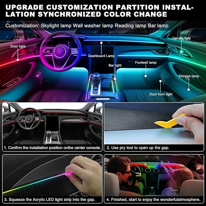 Dreamcolor Acrylic Interior Car LED Strip Light with Wireless APP, RGB 6 in 1 with 175 inches 600 LEDs Fiber Optic Car Ambient Lighting Kits, Sound Active Function LED Strip for Car Accessories