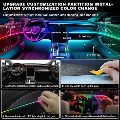 Dreamcolor Acrylic Interior Car LED Strip Light with Wireless APP, RGB 22 in 1 with 175 inches 600 LEDs Fiber Optic Car Ambient Lighting Kits, Dual Zone Sound Active Function LED Strip for Car