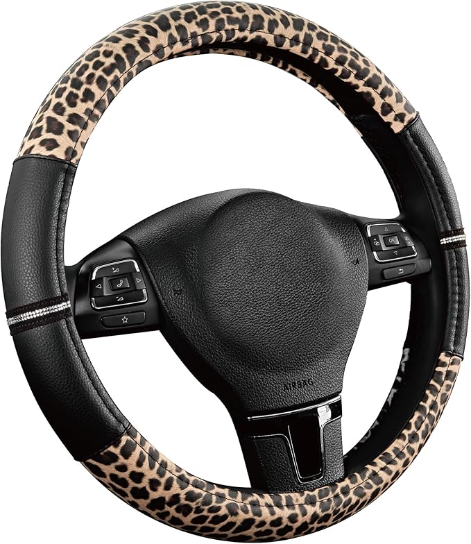 Road Comforts Leopard Steering Wheel Cover for Women, Cute Anti-Slip Microfiber Leather, Universal Fit 14.5-15 Inch Round Steering Wheel - Black