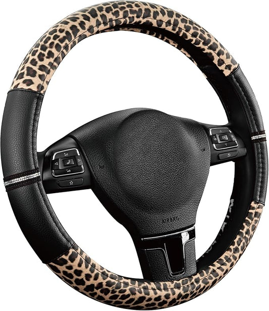 Road Comforts Leopard Steering Wheel Cover for Women, Cute Anti-Slip Microfiber Leather, Universal Fit 14.5-15 Inch Round Steering Wheel - Black