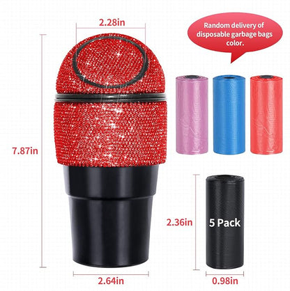eing Car Trash Can Bling Crystal Auto Mini Trash Bin for Car Office Home Women,Car Cup Holder Garbage Can with Lid and 5 Pack Disposable Garbage Gag, Red