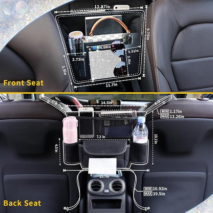 White Diamand Car Handbag Holder Between Seats Bling Crystal Car Storage Bag Large Capacity Purse Phone Ipad Automotive Consoles Organizer Safe Barrier of Backseat Pet Kids