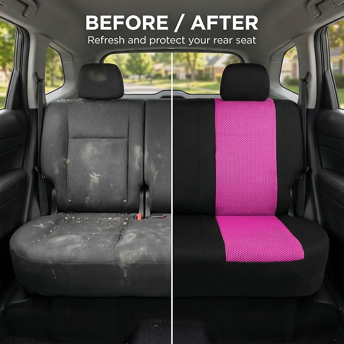 FH Group Automotive Rear Car Seat Covers for SUV, Trucks, Sedan and More - Universal Fit Rear Solid Bench Design Interior Accessories - 3D Mesh Fabric Center Panel - Pink