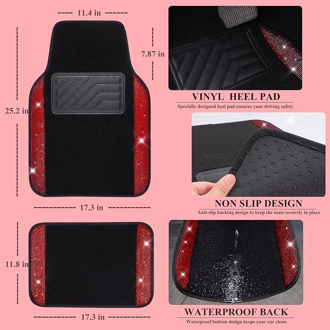 CAR PASS Rhinestone Red Bling Diamond Car Seat Covers Leather Black & Shining Car Floor mats Carpet with Anti-Slip Nibs& Bling Diamond Car Accessories Sets Glitter Sparkly Universal fit for 95% car