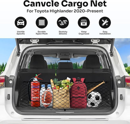 Canvcle Trunk Cargo Net for 2020-2026 Toyota Highlander Accessories Envelope Style Mesh Trunk Net Organizer and Storage Stretchable Adjustable Elastic Nylon Rear Cargo Netting with Hooks