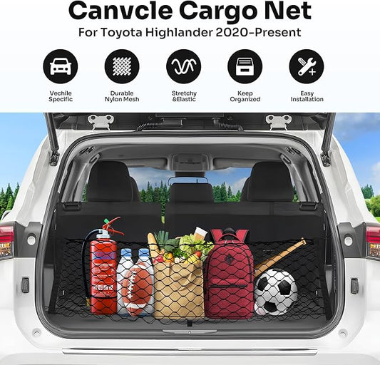 Canvcle Trunk Cargo Net for 2020-2026 Toyota Highlander Accessories Envelope Style Mesh Trunk Net Organizer and Storage Stretchable Adjustable Elastic Nylon Rear Cargo Netting with Hooks