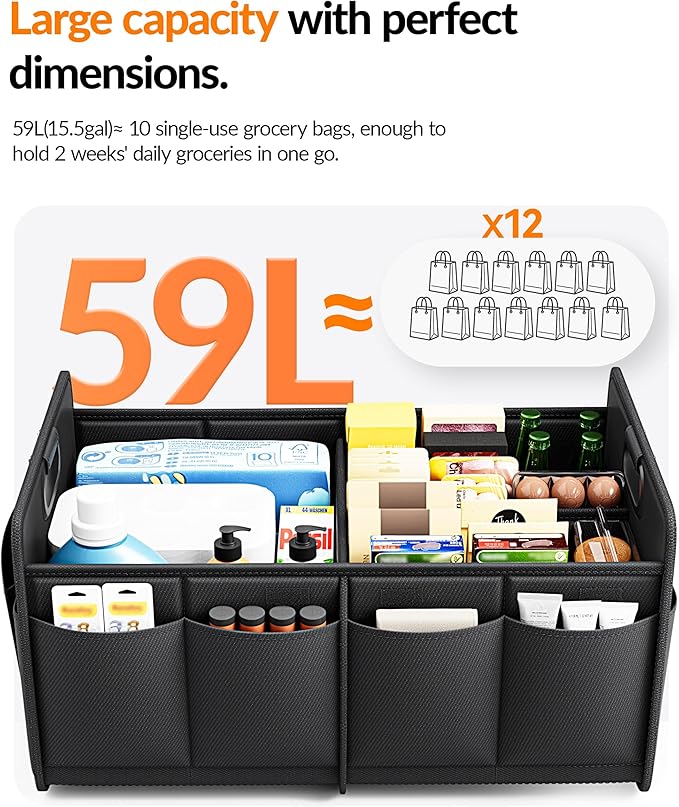 Homeve Car Trunk Organizer for SUV, 15.5Gal Large Capacity No-Sag Heavy Duty, Foldable Waterproof Anti-Slip Storage with 12 Pockets, Fit Sedan,Truck, Universal Car Accessories, Black, 2 Compart,Medium