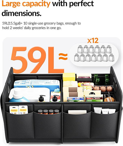 Homeve Car Trunk Organizer for SUV, 15.5Gal Large Capacity No-Sag Heavy Duty, Foldable Waterproof Anti-Slip Storage with 12 Pockets, Fit Sedan,Truck, Universal Car Accessories, Black, 2 Compart,Medium
