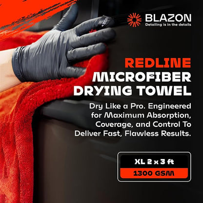 BLAZON Redline XL Car Drying Towel - Ultra Premium 1300 GSM Microfiber Drying Towel - Max Absorption, Streak-Free Finish, Super Soft Twisted Loop Design - Dries Full Vehicle - Extra Large 2 x 3 ft