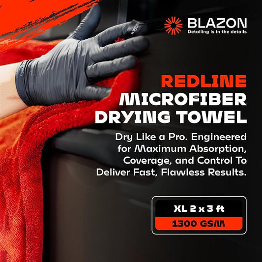 BLAZON Redline XL Car Drying Towel - Ultra Premium 1300 GSM Microfiber Drying Towel - Max Absorption, Streak-Free Finish, Super Soft Twisted Loop Design - Dries Full Vehicle - Extra Large 2 x 3 ft
