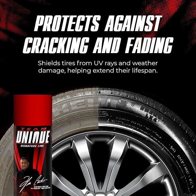 TEAM UNIQUE Tire Shine Gloss – 18.6 fl oz (Pack of 12) | High-Gloss Tire Shine Spray | UV Protection Against Cracking & Fading | Non-Greasy, Low-Sling Formula for Cars, Trucks & SUVs