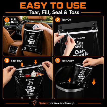 Noaman 50PCS 1 Pack Car Trash Bags, 2.5 Gal Disposable Garbage Bags for Car, SUV, Truck and RV, Leak-Resistant Odor-Control Bags, Stick-On or Headrest Mount, Alternative to Car Trash Can, Black