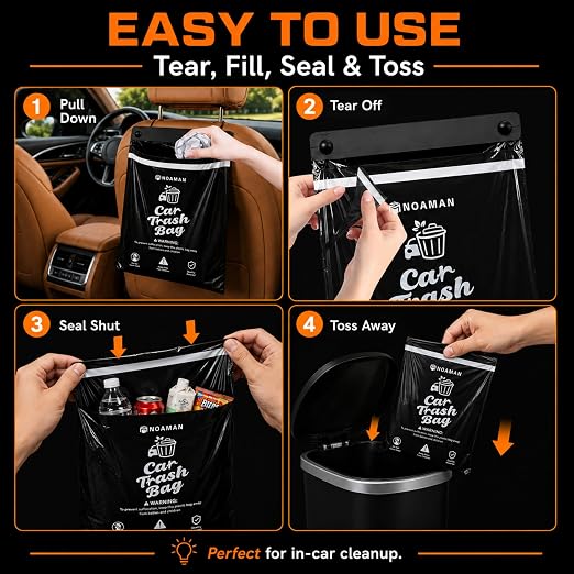 Noaman 2Pack 50PCS Car Trash Bags, 2.5 Gal Leakproof & Smell Proof. Heavy-Duty Garbage Bags for car, SUV, Truck, RV. Stick-on or Headrest Mount. Alternative to Car Trash Can. Black