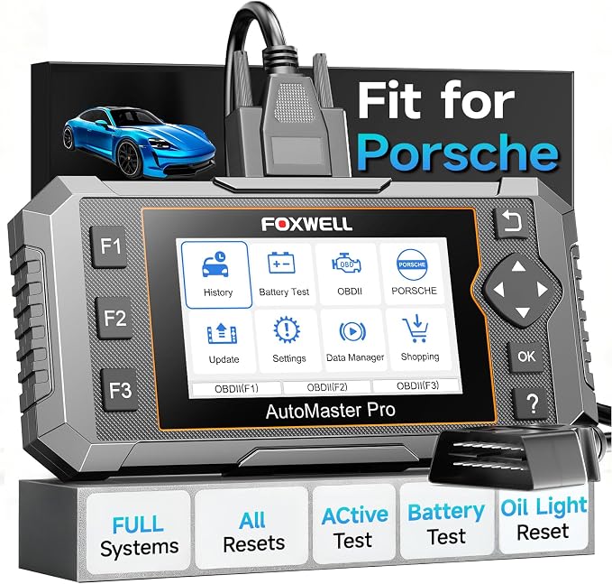FOXWELL NT510 Pro OBD2 Scanner fit for Porsche, 2-in-1 Diagnostic Tool & 12V Battery Tester, Full System Bi-Directional Control Code Reader with All Resets, Oil Reset & Battery Registration Tool