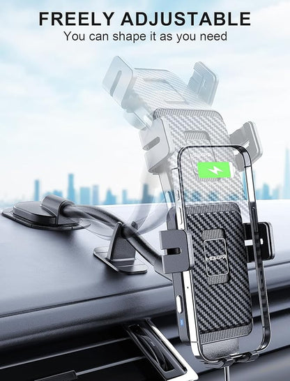 MOKPR Wireless Car Charger, Adjustable Gooseneck Car Mount Auto-Clamping Car Charger, Dashboard [with Anti Shake stabilizer] Phone Holder fit for iPhone 17 16 15 14 13 12, Samsung S24 S23 S22, etc