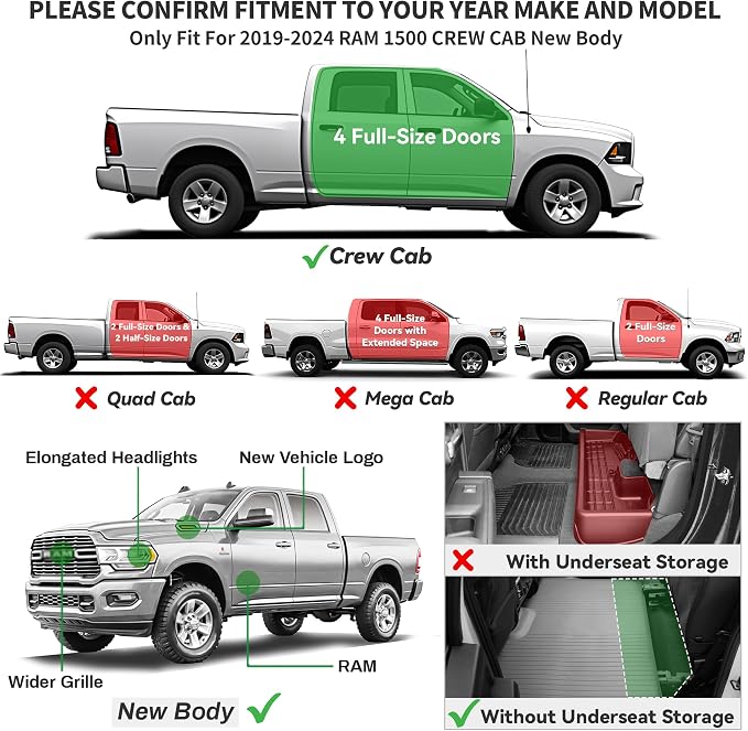 YITAMOTOR Floor Mats Compatible with 2019-2024 Dodge Ram 1500 Crew Cab (New Body), with 1st Row Bucket Seats, No Rear Under Seat Storage Box, Custom Fit Floor Liners 1st & 2nd Row